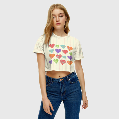Женская футболка Crop-top 3D Сердечки, цвет 3D печать - фото 3