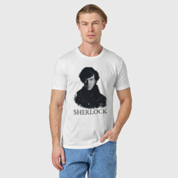 Футболка с принтом Шерлок Холмс Sherlock для мужчины, вид на модели спереди №2. Цвет основы: белый