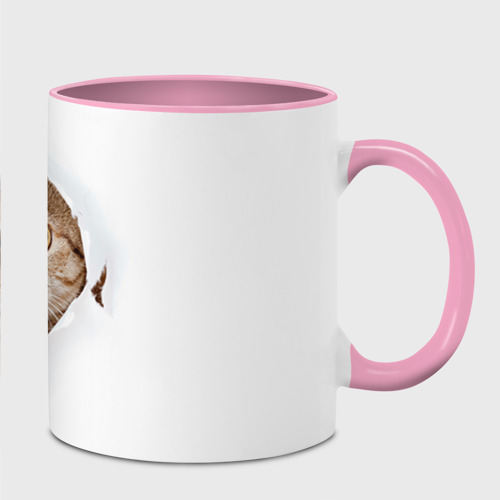 Кружка с полной запечаткой Котик выглядывает из дырки, цвет белый + розовый