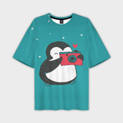 Мужская футболка oversize 3D Пингвин с фотоаппаратом