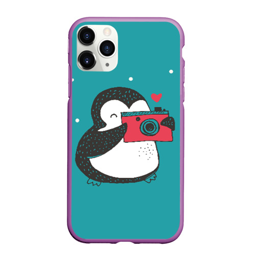 Чехол для iPhone 11 Pro Max матовый Пингвин с фотоаппаратом, цвет фиолетовый