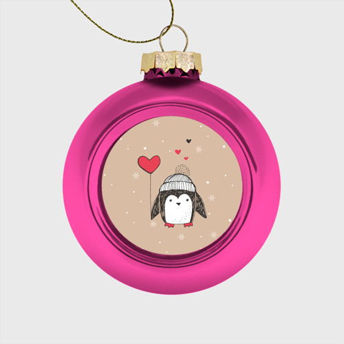 Стеклянный ёлочный шар Пингвин с шариком, цвет розовый