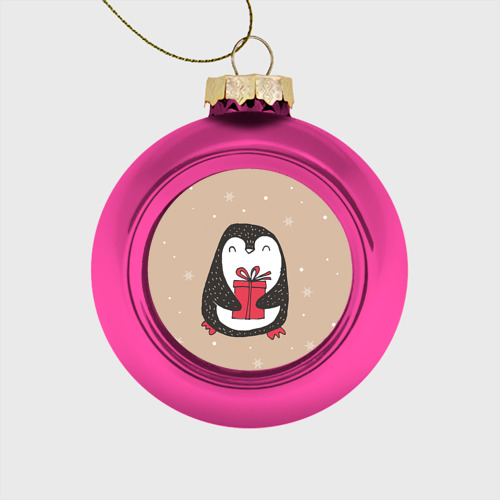 Стеклянный ёлочный шар Пингвин с подарком, цвет розовый