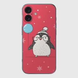 Чехол для iPhone 16 силиконовый с защитой камеры Пингвин с шариком
