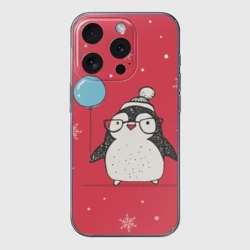 Чехол для iPhone 15 Pro Max силиконовый с защитой камеры Пингвин с шариком
