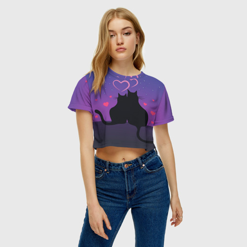 Женская футболка Crop-top 3D Котик и киска, цвет 3D печать - фото 3