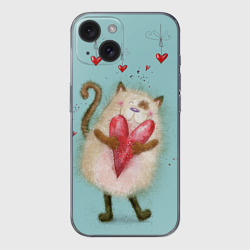 Чехол для iPhone 15 силиконовый с защитой камеры Котик