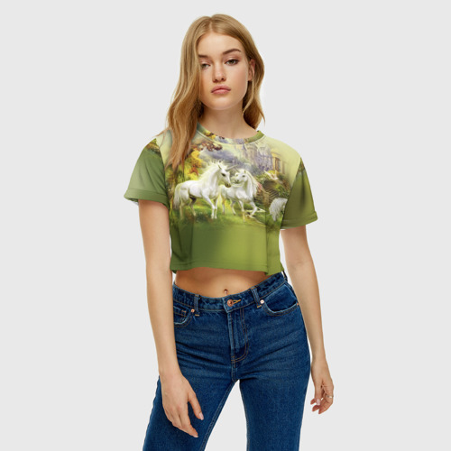 Женская футболка Crop-top 3D Единороги, цвет 3D печать - фото 3