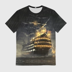 Мужская футболка 3D Боевой парусник в суровую погоду