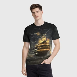 Мужская футболка 3D Боевой парусник в суровую погоду - фото 2