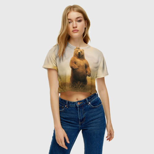 Женская футболка Crop-top 3D Медведь в поле, цвет 3D печать - фото 4