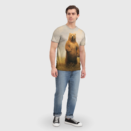 Мужская футболка 3D с принтом Медведь в поле, вид сбоку #3