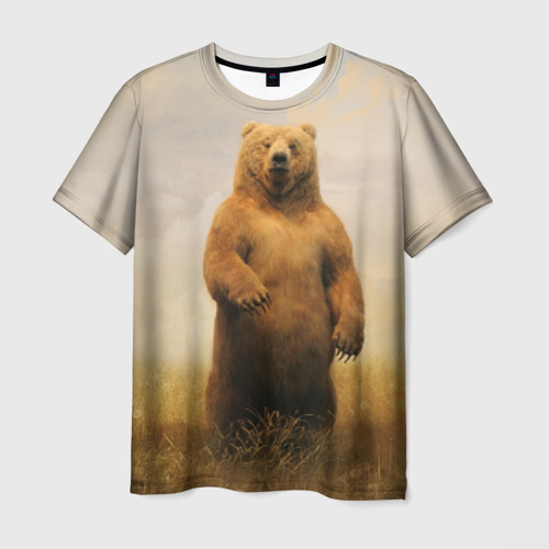 Мужская футболка 3D с принтом Медведь в поле, вид спереди #2