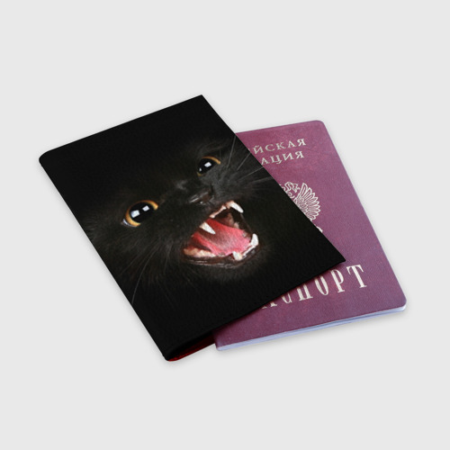 Обложка для паспорта матовая кожа Черный кот в темноте, цвет красный - фото 3