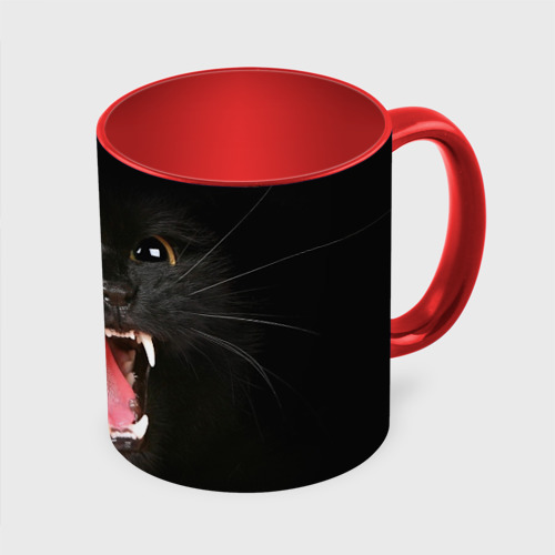 Кружка с полной запечаткой Черный кот в темноте, цвет белый + красный - фото 3
