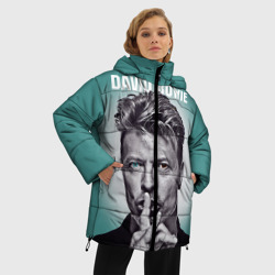 Куртка с принтом Боуи для женщины, вид на модели спереди №2. Цвет основы: черный