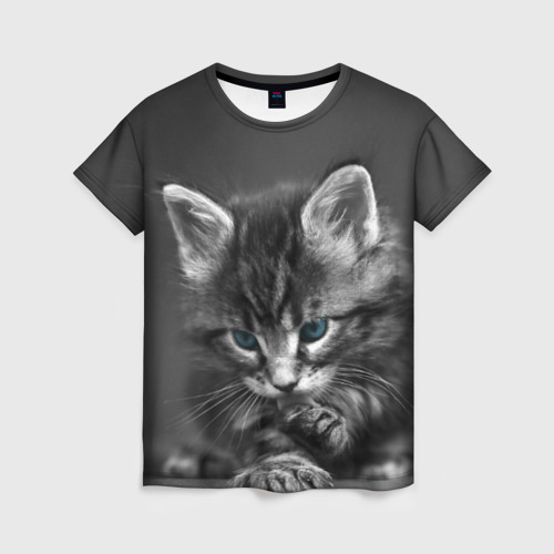 Женская футболка 3D Серый голубоглазый котенок