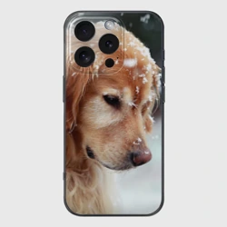 Чехол для iPhone 16 Pro Max силиконовый с защитой камеры Золотистый ретривер и падающий снег