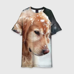 Детское платье 3D Золотистый ретривер и падающий снег