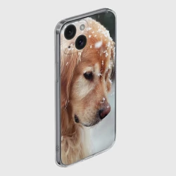 Чехол для iPhone 15 силиконовый с защитой камеры Золотистый ретривер и падающий снег - фото 2
