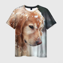 Мужская футболка 3D Золотистый ретривер и падающий снег