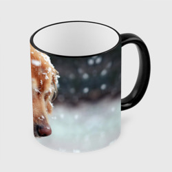 Кружка с полной запечаткой Золотистый ретривер и падающий снег