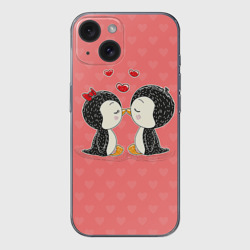 Чехол для iPhone 15 силиконовый с защитой камеры Влюбленные пингвины
