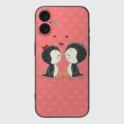 Чехол для iPhone 16 силиконовый с защитой камеры Влюбленные пингвины