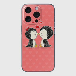 Чехол для iPhone 15 Pro Max силиконовый с защитой камеры Влюбленные пингвины