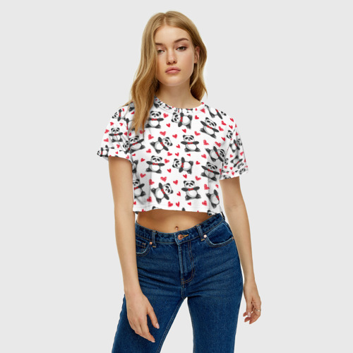 Женская футболка Crop-top 3D Панда и любовь, цвет 3D печать - фото 3