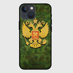 Чехол для iPhone 13 mini Герб на камуфляже зелёном