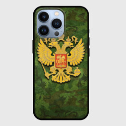 Чехол для iPhone 13 Pro Герб на камуфляже зелёном