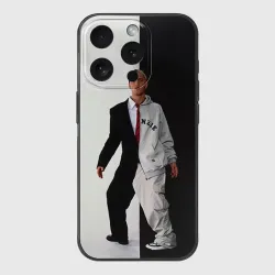 Чехол для iPhone 15 Pro силиконовый с защитой камеры Эминем в половинчатом костюме black-white