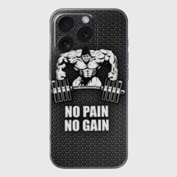 Чехол для iPhone 16 Pro Max силиконовый с защитой камеры No pain no gain штангист