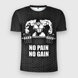 Мужская футболка 3D Slim No pain no gain штангист