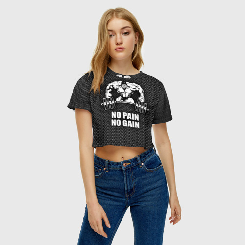 Женская футболка Crop-top 3D No pain no gain штангист, цвет 3D печать - фото 3