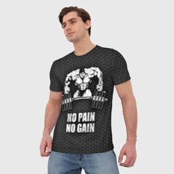 Футболка с принтом No pain no gain штангист для мужчины, вид на модели спереди №2. Цвет основы: белый