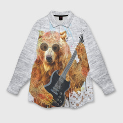 Женская рубашка oversize 3D Медведь с гитарой
