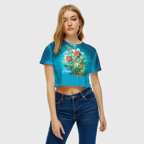 Женская футболка Crop-top 3D 8 марта ретро, цвет 3D печать - фото 3