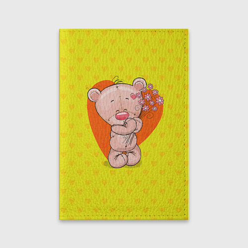 Обложка для паспорта матовая кожа Мишка с цветочками, цвет красный