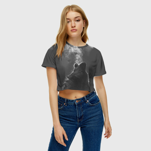 Женская футболка Crop-top 3D Воющий волк, цвет 3D печать - фото 4