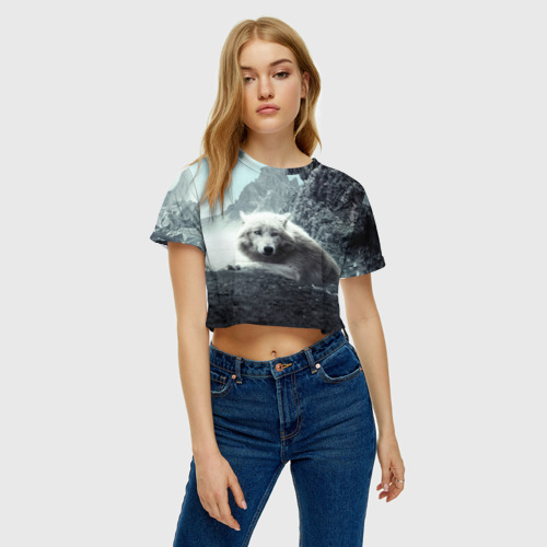 Женская футболка Crop-top 3D Волк в горах, цвет 3D печать - фото 3