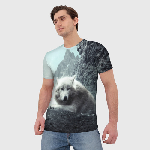 Мужская футболка 3D с принтом Волк в горах, фото на моделе #1