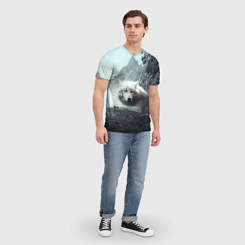 Мужская футболка 3D с принтом Волк в горах, вид сбоку #3