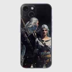 Чехол для iPhone 15 силиконовый с защитой камеры Geralt and Ciri