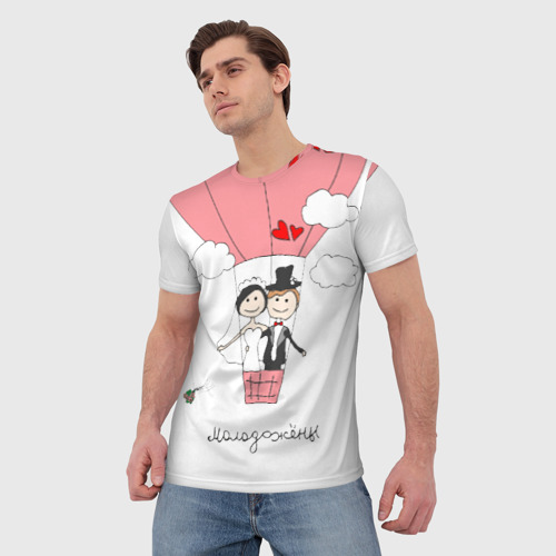 Мужская футболка 3D Молодожены на воздушном шаое, цвет 3D печать - фото 3