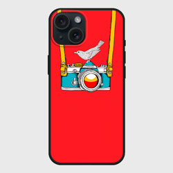 Чехол силиконовый для Apple iPhone 15 матовый Фотоаппарат с птичкой