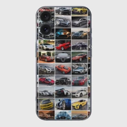 Чехол для iPhone 16 силиконовый с защитой камеры Крутые тачки коллаж паттерн