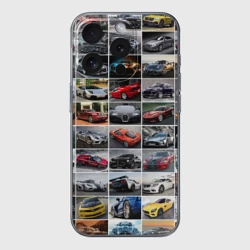 Чехол для iPhone 15 Pro Max силиконовый с защитой камеры Крутые тачки коллаж паттерн