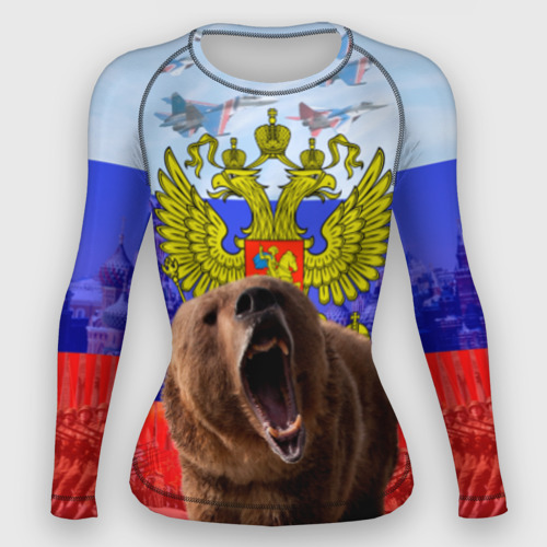 Женский рашгард 3D с принтом Русский медведь и герб, вид спереди #2